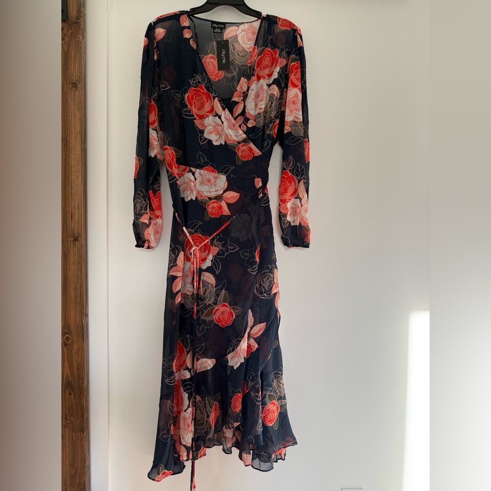 City Chic Kataleya Long Sleeve Chiffon Maxi Wrap Dress - Picture 4 of 9